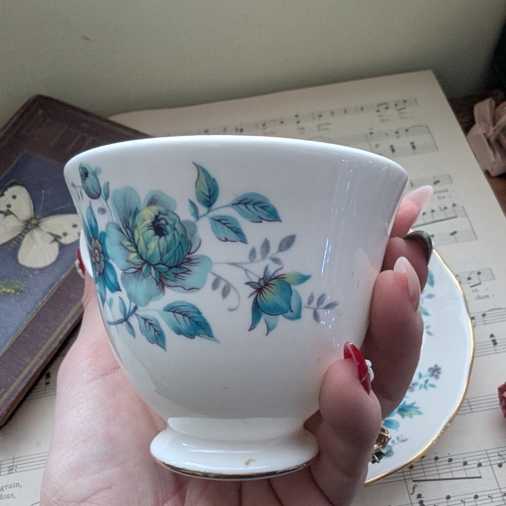 Queen Anne Blue Floral Teacup and Saucer Set with Gold Trim - Picture 7 of 10